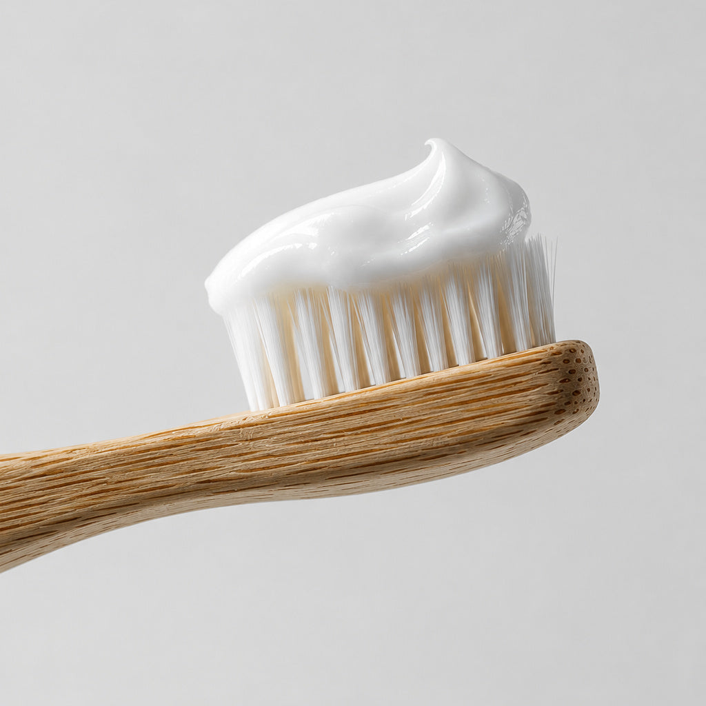 Salo Remineralizing Cleanser applied to a bamboo toothbrush